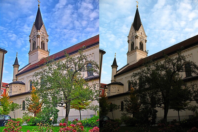 File:München, St. Benedikt vom Pfarrhof (HDR vs NORMAL).jpg