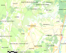 Carte élémentaire montrant les limites de la commune, les communes voisines, les zones de végétation et les routes