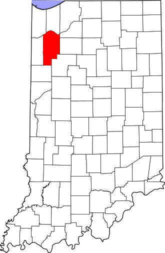 Location of Jasper County in Indiana Map of Indiana highlighting Jasper County.svg