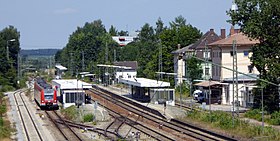 The train station from the pedestrian bridge to the west