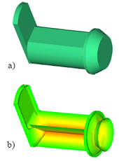 (a) A simple 3d object. (b) Its medial axis transform. The colors represent the distance from the medial axis to the object's boundary. MedialAxisTransformOf3dObject.png