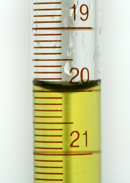 a buret with the level of liquid at or just below the 20.00 mL mark