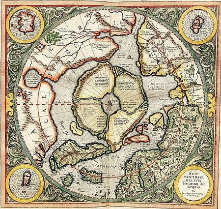 Mercator's map from 1595 showing the mythical Arctic continent, with the "Rupes nigra et altissima" ('black and highest rock') at its centre. The Rock is the site of the North Pole, captioned as the POLVS ARCTICVS. Mercator north pole 1595.jpg