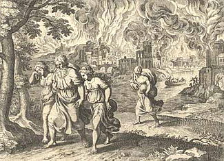 Escape of Lot from Sodom (engraving from the first half of the 17th Century by Matthaus Merian) Merian Escape of Lot from Sodom.jpg