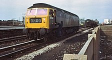 A Class 47 locomotive displaying headcode 0000 in 1976 Morecambe railway station in 1976.jpg