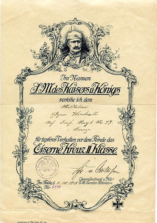 Certificate of award to a musketeer in the Royal Prussian Landwehr, October 1918