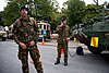 New Zealand Army and Singapore Armed Forces patrolling the red zone cordon on 23 February 2011 at the Hagley Park end of Armagh Street