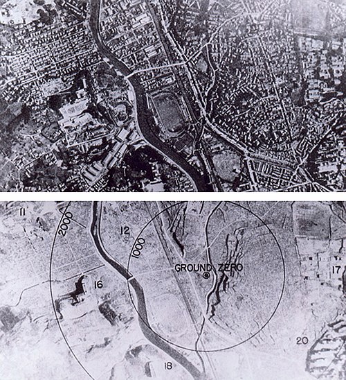 Map of Nagasaki before and after the atomic bombing