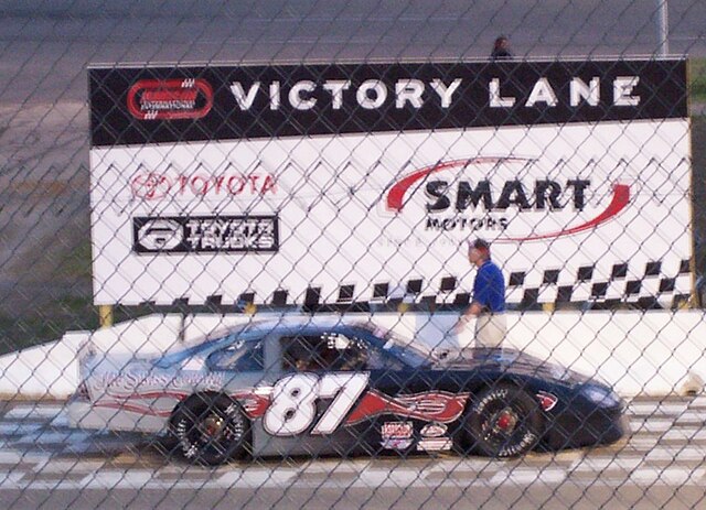 Nathan Haseleu's Late model in Victory Lane in 2007