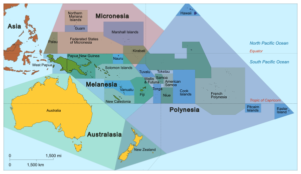 Oceania with its sovereign and dependent islands within the subregions Melanesia, Micronesia, Polynesia and Australasia