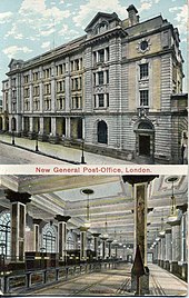 Exterior and interior of the new 'London Chief Office' Old postcard view of King Edward Building (GPO), London (5576796971).jpg