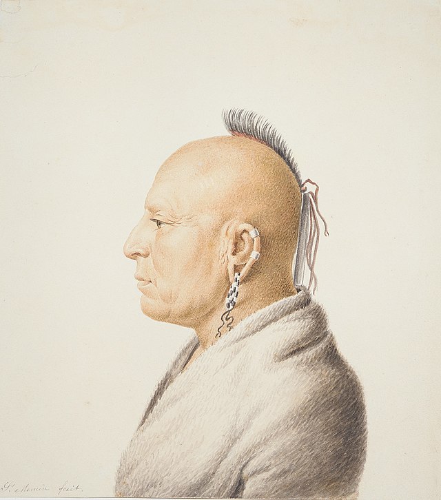 An 1805 illustration of an Osage warrior in profile. The subject has a largely shaved head and is very simply adorned.