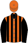 Orange and black stripes, black sleeves, orange cap