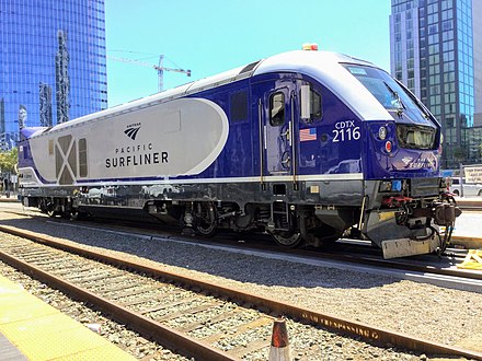 Amtrak Siemens SC-44 Charger diesel-electric passenger locomotive parked in Santa Fe Depot, San Diego