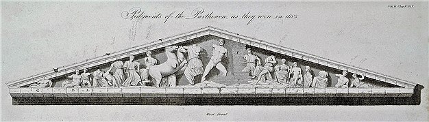 This image features a reconstruction of the west pediment of the Parthenon depicting the mythological gods, Athena and Poseidon quarrelling for Athens and Attica. Pediments of the Parthenon as they were in 1683 - Stuart James & Revett Nicholas 1816 West.jpg