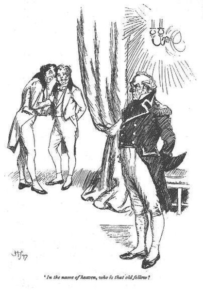 An illustration by Hugh Thomson of a moment in chapter three, when Sir Walter regards Admiral Baldwin and asks Sir Basil Morley, "In the name of heave