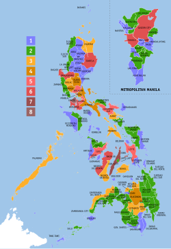 Número de distritos eleitorais por província no 18º Congresso das Filipinas.