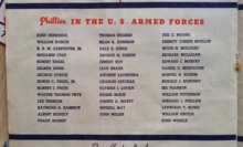 1945 Phillies program listing team members serving in World War II Phils1945.png