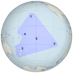 Polinézia (a háromszög által határolt terület) 1. Hawaii 2. Új-Zéland 3. Húsvét-sziget 4. Szamoa 5. Tahiti