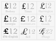 The PS grapheme in a selection of fonts Pound sign fonts.svg