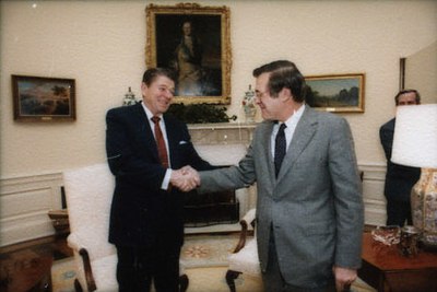 Donald Rumsfeld with President Ronald Reagan at The Oval Office in 1983.