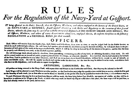 These regulations for the operation of the Gosport [Norfolk] Navy Yard were composed by Josiah Fox, Navy Constructor and Superintendent Gosport Navy Yard 1800