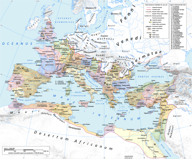The Roman empire under Hadrian (125) showing the provinces as then organised