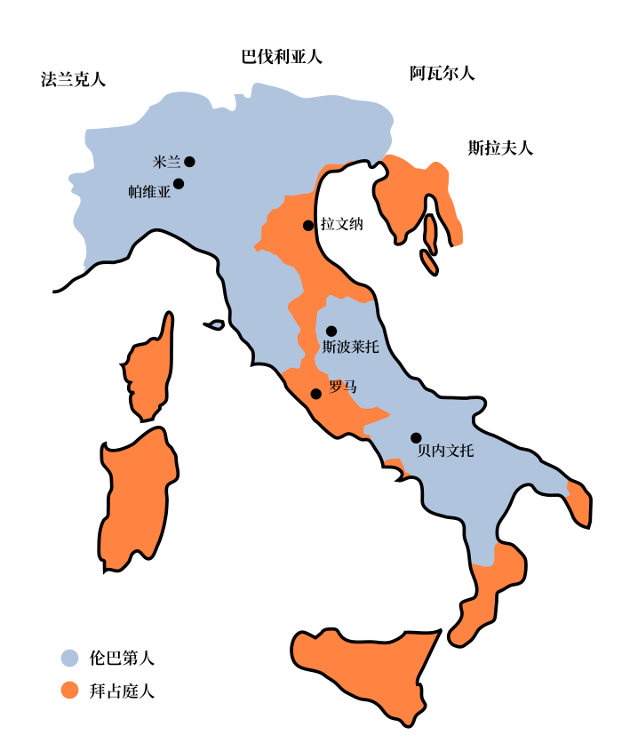 伦巴第王国在652年罗萨里去世时的疆域