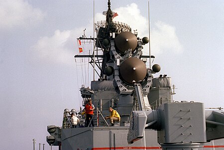In 1983, the USS Mahan (DDG-42) was underway to test and evaluate the Terrier New Threat Upgrade (NTU) Combat System. SPG-55 radars aboard USS Mahan (DDG-42) on 21 August 1983 (6429184).jpg