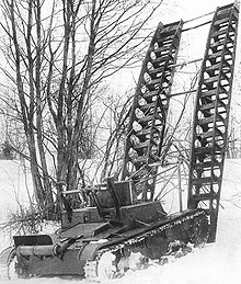 ST-26 engineer tank with a cable system of bridge laying during tests. March 1933.