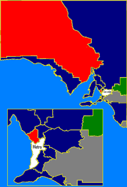 Rural SA: ALP in red, Liberal in blue, Independents in white, Nationals in green. These boundaries are based on the 2006 electoral redistribution. Sastate02.png