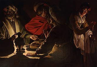 Schilderij met vier mensen in clair-obscur rond een tafel.