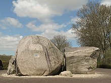 Photographie en couleurs d'un rocher formé lors d'une période glaciaire et reposant sur un socle.