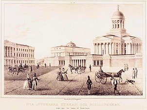 Lithograph of the church from 1838, before the side buildings were constructed. The guard building in front of the cathedral was demolished in the 1840s and replaced with the large steps.[7]