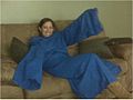 Woman in a "Snuggie blanket".