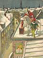 Sinterklaas op de schoorsteen. Illustratie gemaakt door Petrus van Geldorp en verschenen in de editie van 1907[14]. Op de achtergrond de Westerkerk van Amsterdam en het Paleis op de Dam.