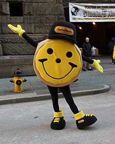 A black and gold Smiley Cookie appears at a rally for the Pittsburgh Steelers in 2011. Steelers Smiley cookie.jpg