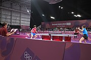 Deutsch: Beachhandball bei den Olympischen Jugendspielen 2018; Tag 4, 9. Oktober 2018; Mädchen, Spiel um Bronze – Andreea Dragoman (ROU) – Archana Girish Kamath (IND) 4:1 English: Table tennis at the 2018 Summer Youth Olympics at 9 October 2018 – Girl's Singles Bronze Medal Match – Andreea Dragoman (ROU) – Archana Girish Kamath (IND) 4:1