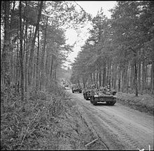 Universal Carriers of the 2nd Battalion, Seaforth Highlanders during Operation Veritable in the Reichswald forest, Germany, 10 February 1945 The British Army in North-west Europe 1944-45 B14458.jpg