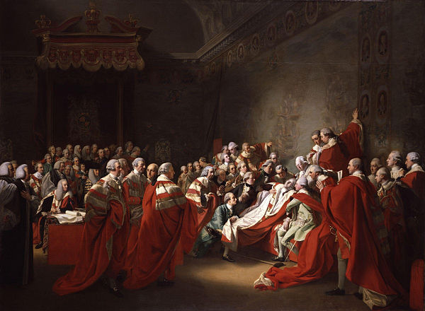 John Singleton Copley's The Death of the Earl of Chatham. Pitt is shown in military uniform to his father's left, while his brothers are also both por