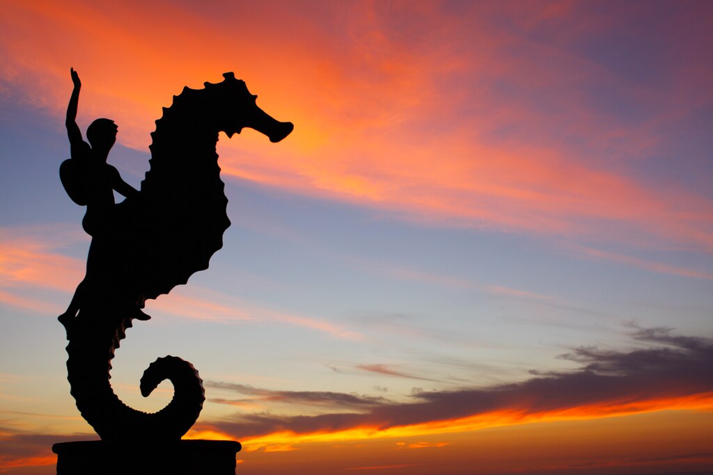 Foto Uma estátua de um cavalo-marinho na frente de um corpo de água –  Imagem de Puerto vallarta