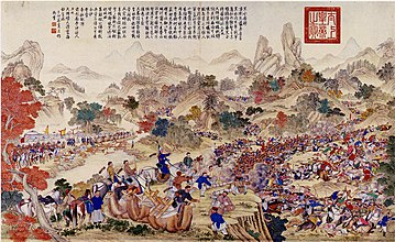 Zhao Hui was unable to take Yarkand, moved east but was forced to retreat by the rebels, who lay siege to him at the Black River. In 1759, Zhao Hui learnt of the imminent arrival of relief troops, and so stormed the rebel town and brought the rebellion to an end. Painting by Giuseppe Castiglione