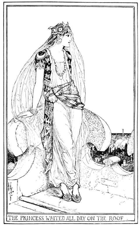 black and white illustration of a young woman on a flat roof, leaning on a decorative corner railing. She is wearing a “Turkish” outfit with a some kind of ornate hat with a long veil, a vest, an asymmetrical sash, a large necklace, loose gauzy trousers, and pointed slippers. Behind and below her a bit of a cityscape is visible.