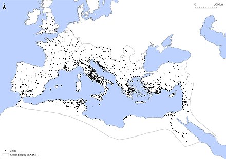 The cities of the Roman world in the Imperial Period. Data source: Hanson, J. W. (2016), Cities database, (OXREP databases). Version 1.0. (link).