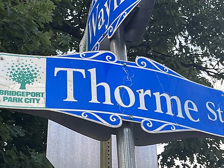 A typical Bridgeport street sign, from Thorme Street in the North End