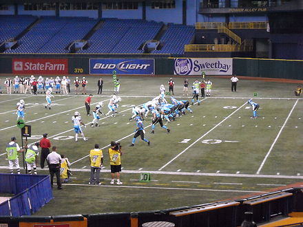 The Florida Tuskers (right) against the Las Vegas Locomotives (left) at Tropicana Field on October 30