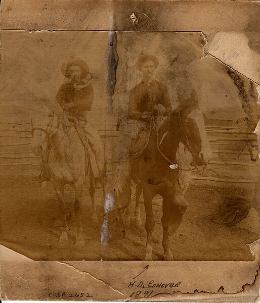 File:Two cowboys on horseback. On reverse- "J.R. Harris And Eaned (?) Chalening (?) In Chuteu (?) Ranch between Coal Creek and Crab (6baddb1a-1a65-4cb7-8f1e-a0e078f6d191).jpg