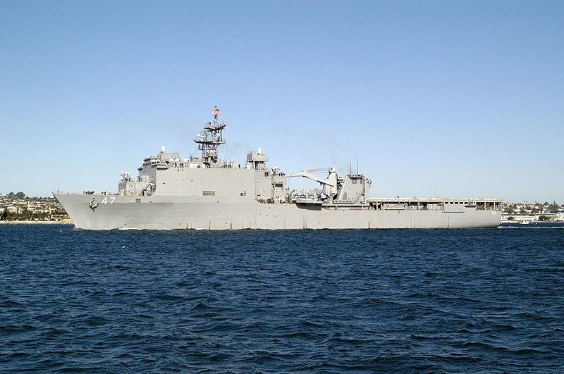 File:US Navy 030106-N-0226M-003 USS Rushmore (LSD 47) steams out of San Diego Bay as she departs on a scheduled six-month deployment.jpg
