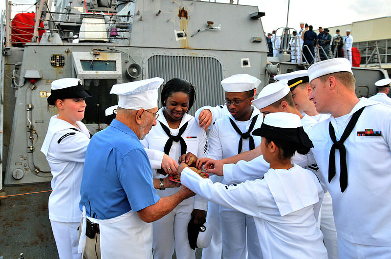 File:US Navy 110430-N-PS473-102 Sailors reach for a cookie from Art Ginsburg aboard SS Ross (DDG 71) during the taping of a Salute to the Troops segment.jpg