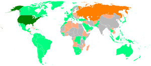 Spheres of influence during the Cold War. The US and USSR are shown in dark green and orange respectively, and their spheres of influence in light green and orange.